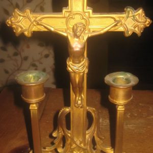 Antique Art Nouveau Tabletop Altar, Crucifix and two Candle holders, Made in USA