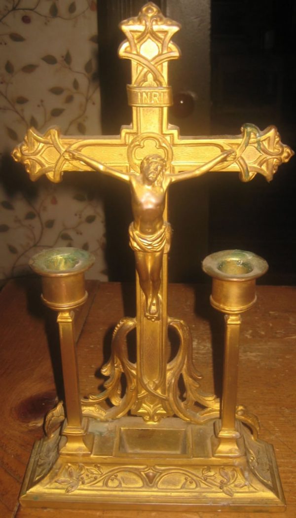 Antique Art Nouveau Tabletop Altar, Crucifix and two Candle holders, Made in USA