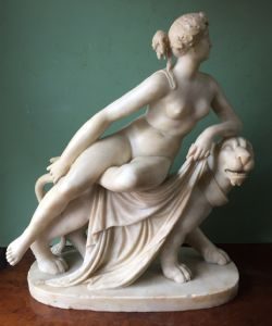 C19TH ITALIAN CARVED ALABASTER SCULPTURE "ARIADNE ON THE PANTHER" AFTER HEINRICH DANNECKER.