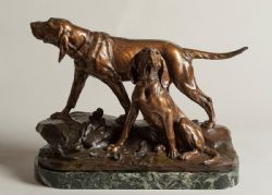 FRENCH BRONZE SCULPTURE OF TWO HOUNDS. FRENCH ARTIST L.BUREAU